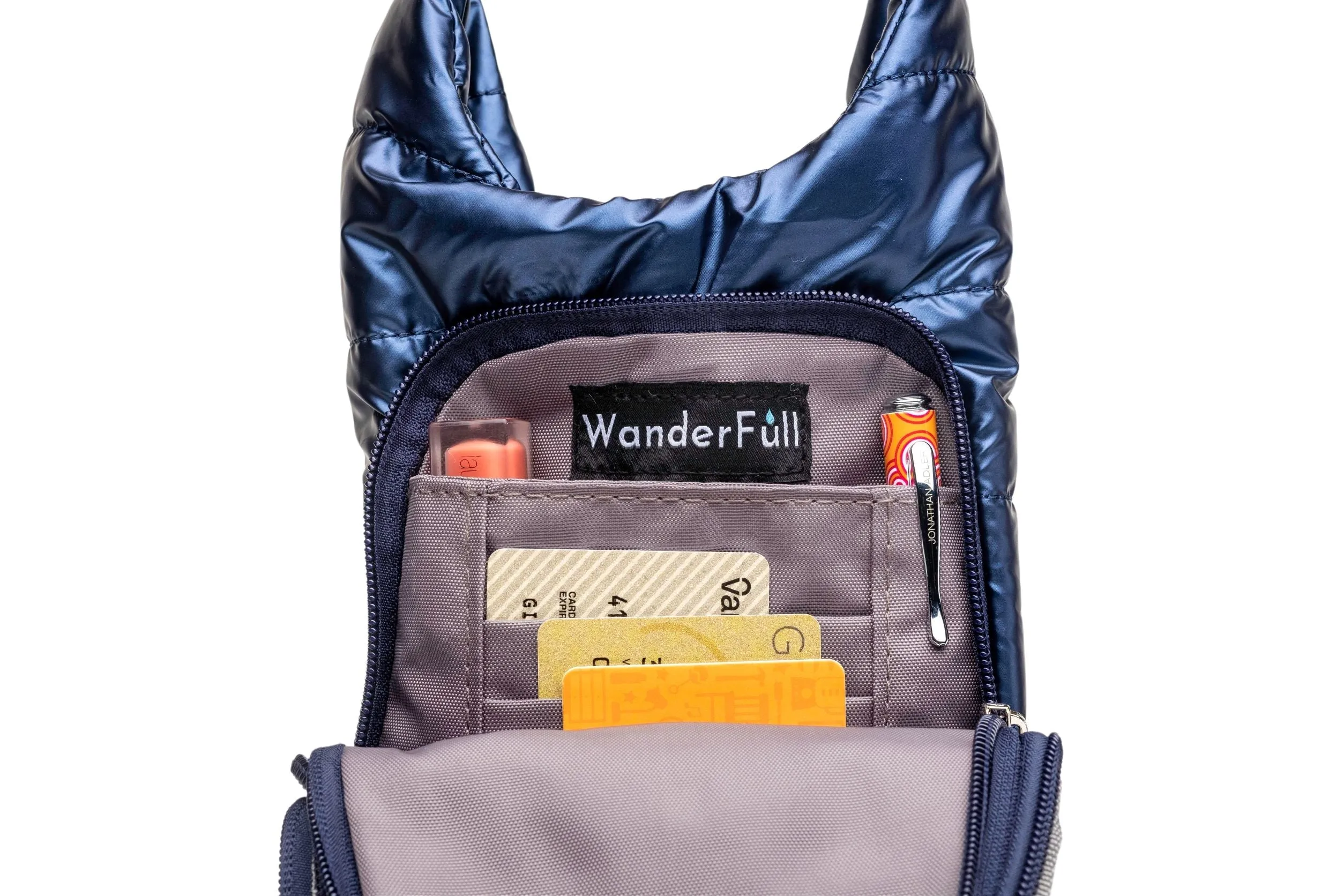 WanderFull HydroBag Shiny Navy Crossbody w/Printed Strap