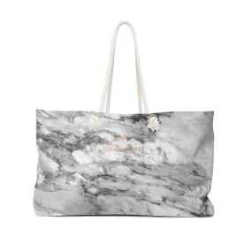 White Marble Print Weekender Bag, Marbled Printed Designer 24"x13" Overnight Weekender Bag-Made in USA