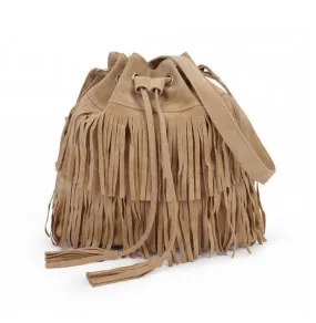 Women Suede Drawstring Bucket Bag Women vintage Handbag Faux Fringe Tassel Shoulder Cross bodybags lady Messenger Bag WHC7521