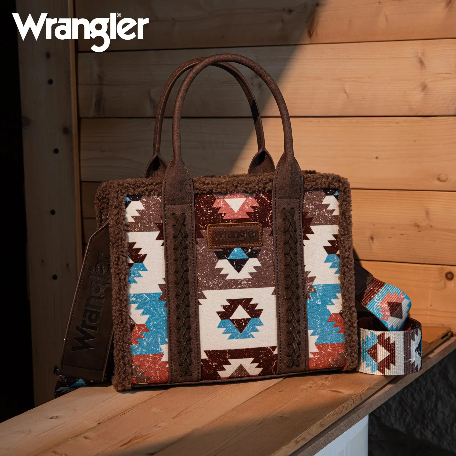 Wrangler Sherpa Southwestern Print Small Canvas Tote/Crossbody Coffee