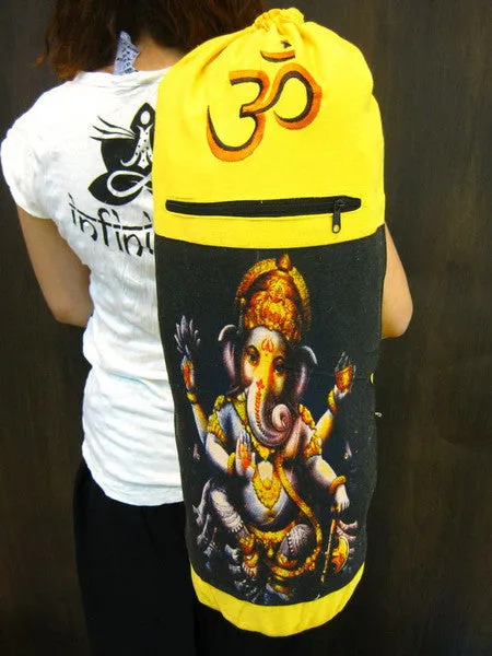 Yellow Embroidered Ohm   Ganesha Print Cotton & Hemp Yoga Mat Bag